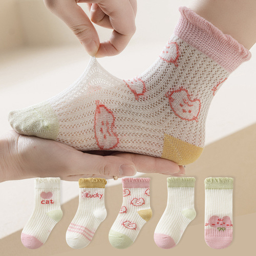 Spring and summer thin mesh glass silk children's socks cute cartoon mid-calf cotton socks boys girls baby socks wholesale