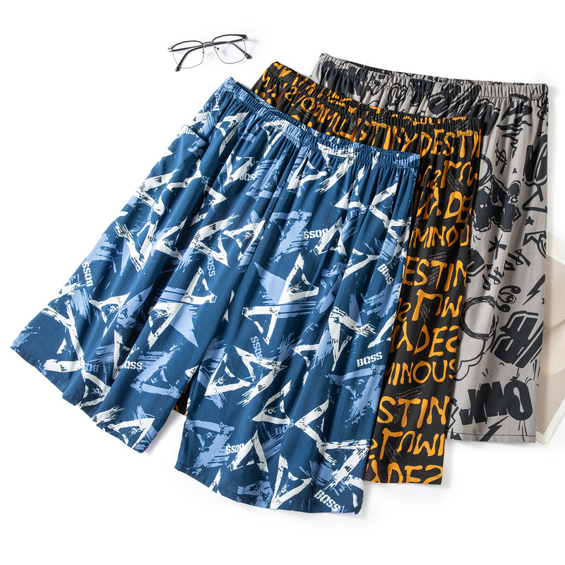 Summer Men's Thin Cotton Silk Pajama Pants, Rayon Beach Shorts, Large Size Loose Five-Point Pants, Outdoor Wear Home Pants