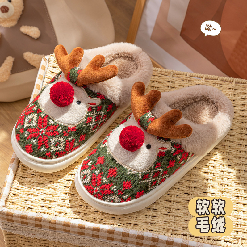Cross-Border Cotton Slippers Cute Christmas Elk Cotton Slippers for Women Winter New Home Non-Slip Plush Cartoon Cotton Slippers