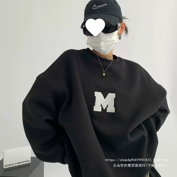 Women's autumn and winter faux embroidery printed round neck sweatshirt with fleece, new loose fit versatile trendy brand top, unisex for couples