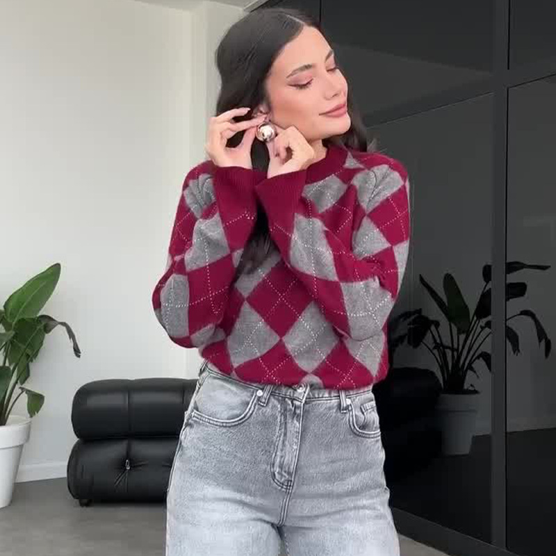 2024 otoño nuevo estilo europeo y americano amazon ropa de mujer transfronteriza moda contraste impresión de diamante suéter de base delgado