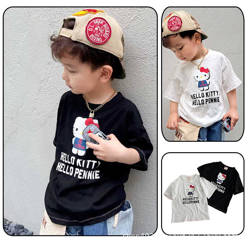 Lemon Mom Children's Clothing Penguin HT Cat Cartoon Print Round Neck Short Sleeve Parent-Child T-Shirt, Summer Unisex Style for Boys and Girls