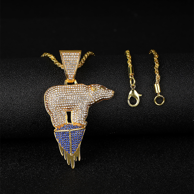 Polar Bear Diamond Pendant Necklace With Cuban Chain For Unisex_voghion.com