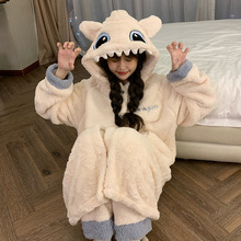 卡通无牙仔珊瑚绒睡衣女秋冬季新款加绒连帽可外穿趣味家居服套装