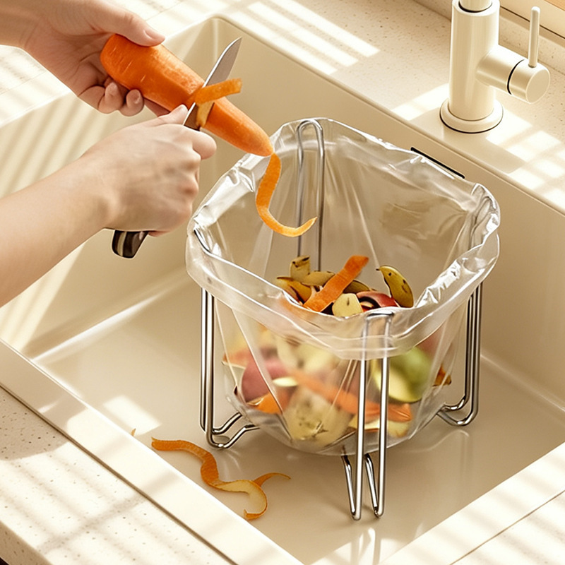 304 stainless steel foldable garbage rack for home kitchen trash bin, countertop plastic bag holder, garbage bag support rack