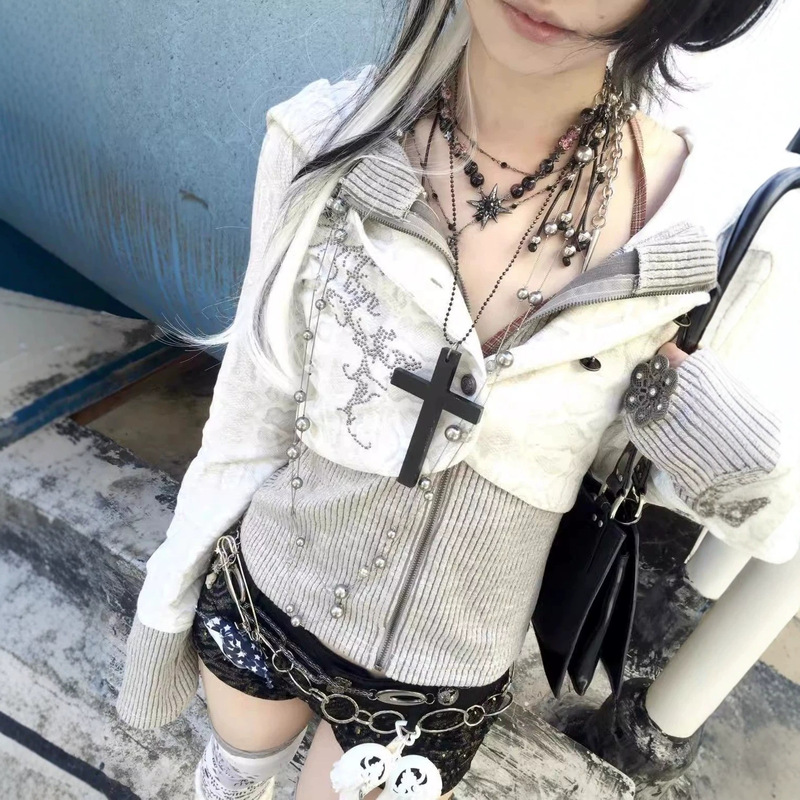 Yabi Style Hot Girl Hooded Knitted Sweatshirt Women's Autumn Street Style Zipper Cardigan Long-Sleeved Jacket Slim Fit Top