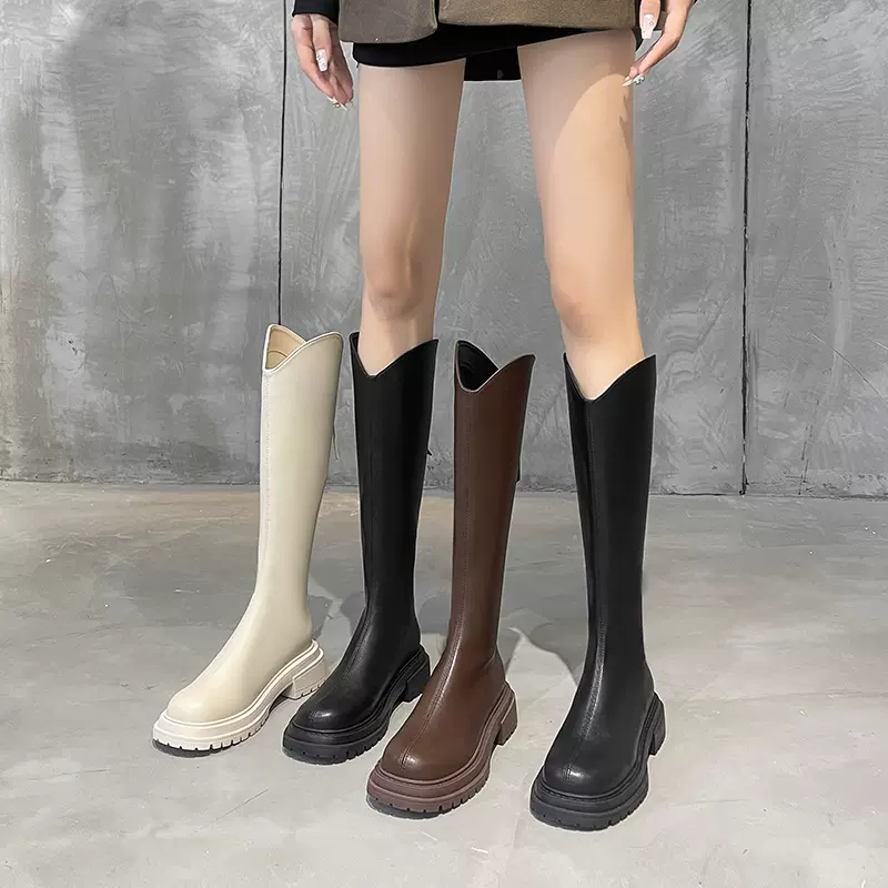 长筒靴女2025秋冬新款法式弹力圆头V口后拉链中高筒靴女骑士长靴