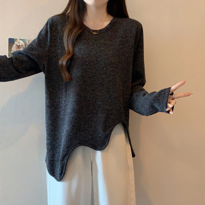 플러스 사이즈 핏 스레드 불규칙한 긴팔 티셔츠 여성용 가을과 겨울 새로운 여성 루스 탑