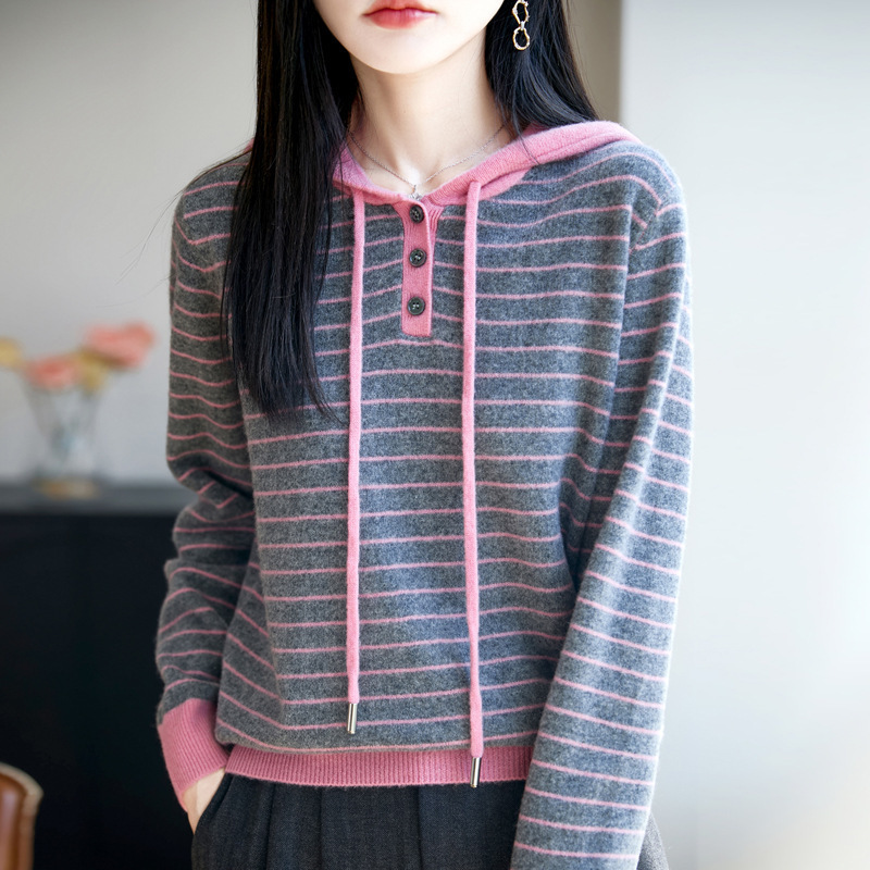 2025秋冬新款100羊毛衫女式宽松连帽撞色条纹卫衣打底针织衫毛衣|undefined