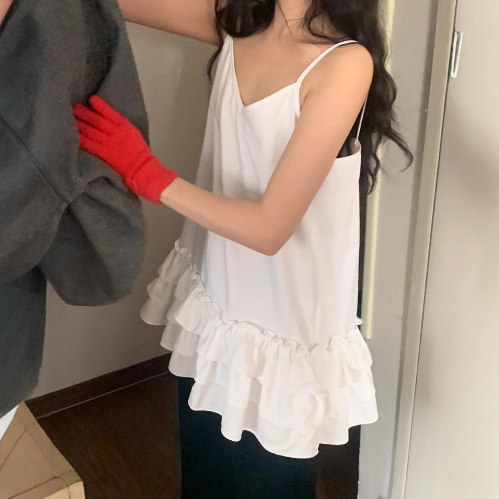2025春季少女风减龄多层边下摆吊带裙子+透明网纱打底衫75977