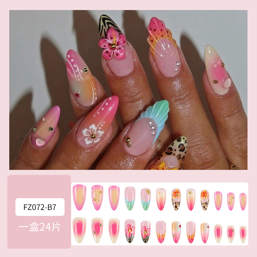 Estilo explosivo transfronterizo, armadura de vestir tridimensional en 3D, tipo gota, parche de uñas de flores de verano, arte de uñas corto de playa caliente