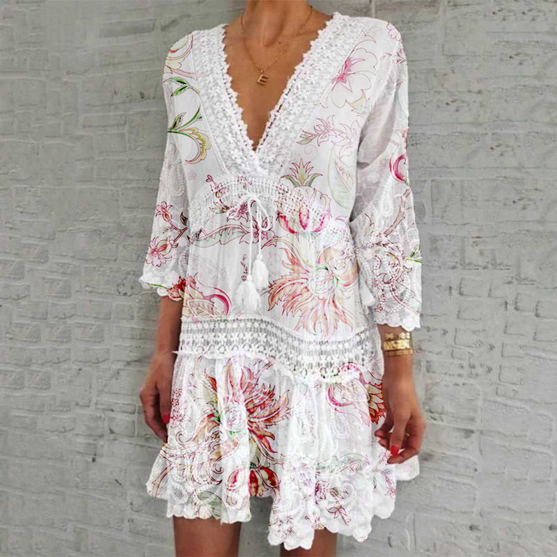 Amazon 2024 New dress V-neck Printed Sexy Dress Hollow Sexy Dress for Vacation