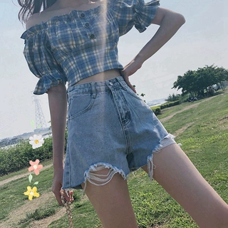浅色破洞牛仔短裤女装a字高腰小个子显瘦阔腿裤毛边休闲热裤潮ins