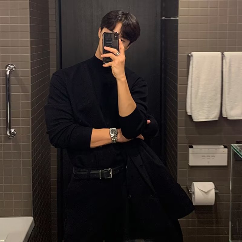Half turtleneck sweater men's long-sleeved Korean style sweater solid color sweater mid collar undershirt Hong Kong style all-matching