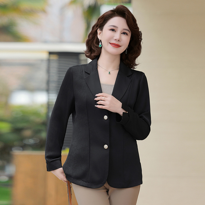 長袖のスーツのコートの女性の春の薄いタイプの2025新型の高級感の小さい背の酢酸のサテンのスーツの上着の女性