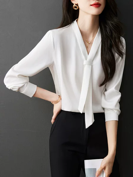 Cs163 Plus Size Women's Professional Interview Work Clothes with Fat mm Long-Sleeved Chiffon Tie Shirt Top