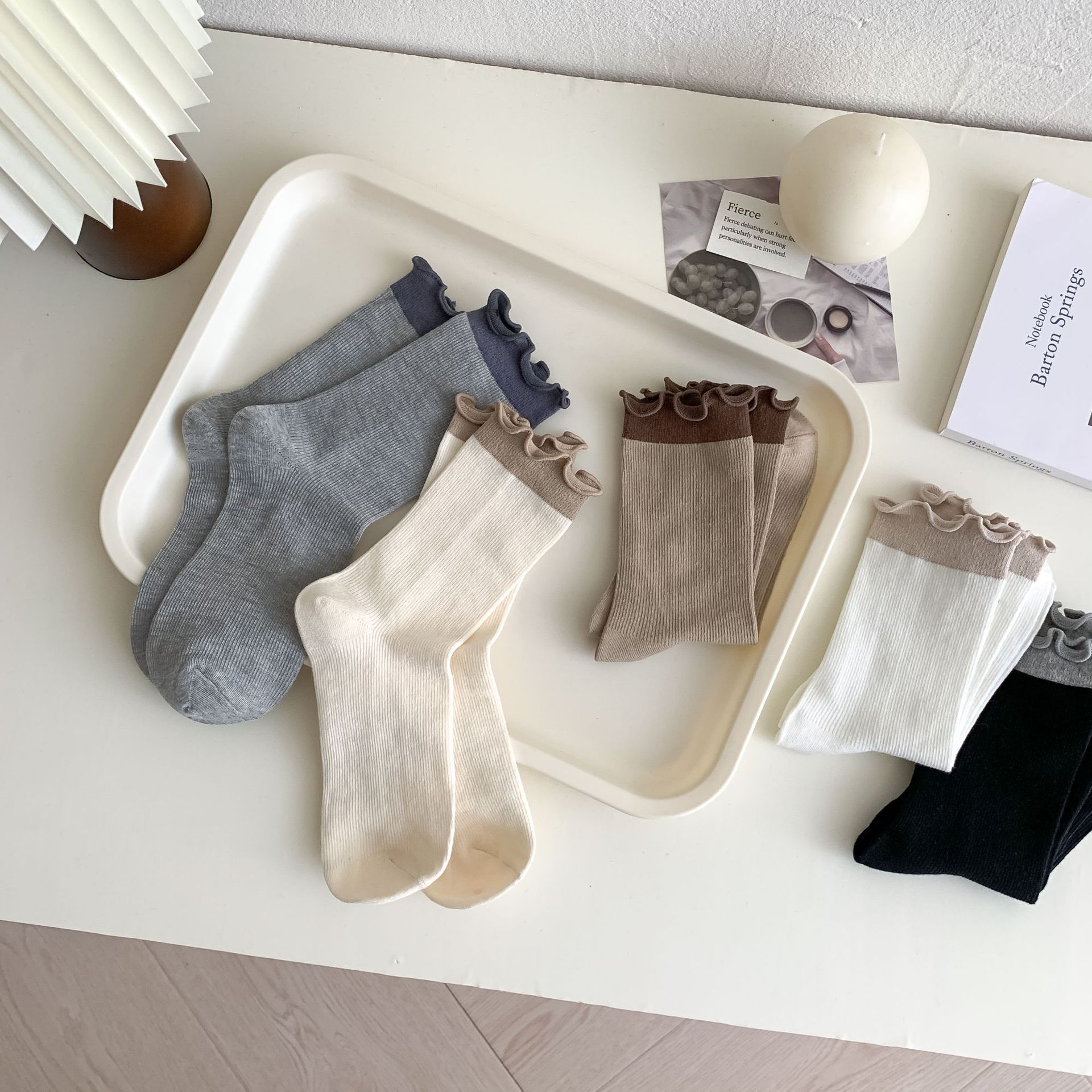 木耳邊顯瘦襪子女拼色堆堆襪學院風百搭細抽條韓版中筒襪休閒日系