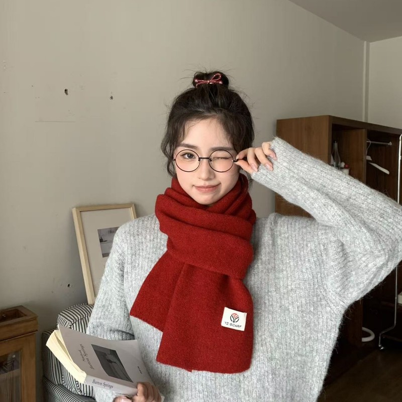 韩系纯色针织毛线围巾女冬季2025新款红色情侣氛围感保暖围脖披肩|undefined