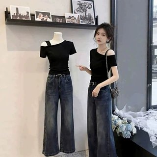 夏季新款斜肩短袖T恤女纯欲风性感辣妹修身显瘦绝美露肩上衣