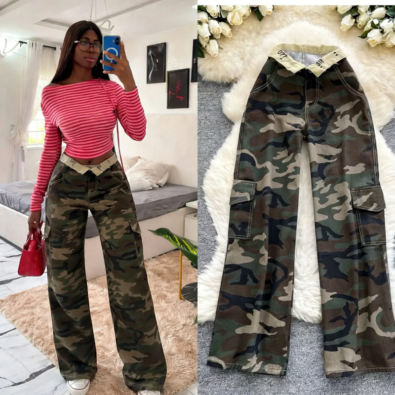 American Retro Hot Girl Camouflage Print High-Waisted Wide-Leg Pants for Women 2025 Autumn Workwear Style Casual Denim Straight Pants