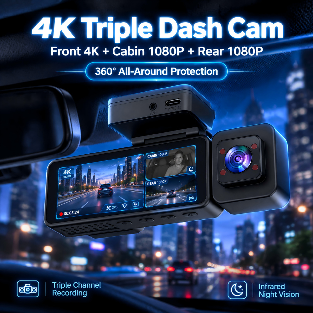 3.18inch Cross-border Dash Cam WiFi Connectivity HD 4K Triple Lens Parking Monitoring Night Vision Car DVR