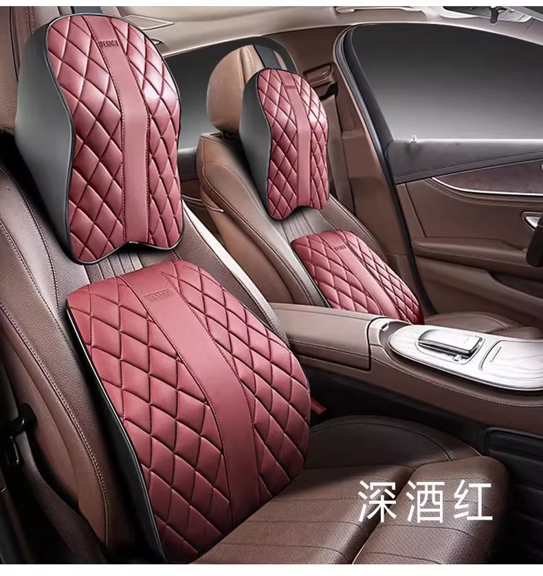 Car All-Season Nappa Leather Headrest and Lumbar Support, Car Neck Protector and Waist Support Supplies, Car Memory Foam Lumbar Pillow and Neck Pillow