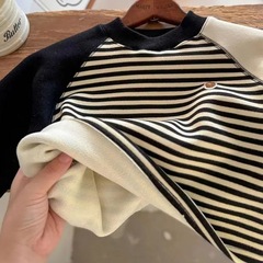 Children's Striped Sweatshirt for Boys, Winter Warm Fleece Lined, Small Kids Contrast Color T-shirt One-piece Fleece Baby Base Shirt, Thick for Girls