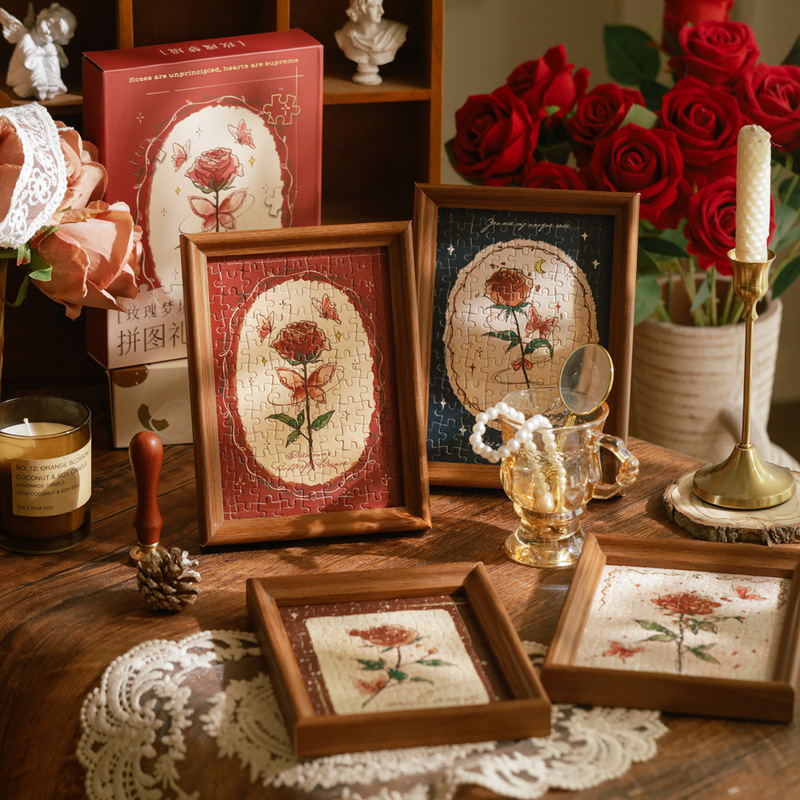 Vintage Rose Table Handmade Birthday Gift DIY Jigsaw Puzzle Photo Frame Ornaments for Valentine's Day Gift Decompression Toys