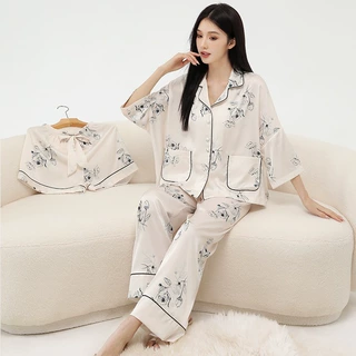 加工定制冰丝睡衣女蝙蝠袖休闲薄款女士家居服三件套装可外穿睡衣