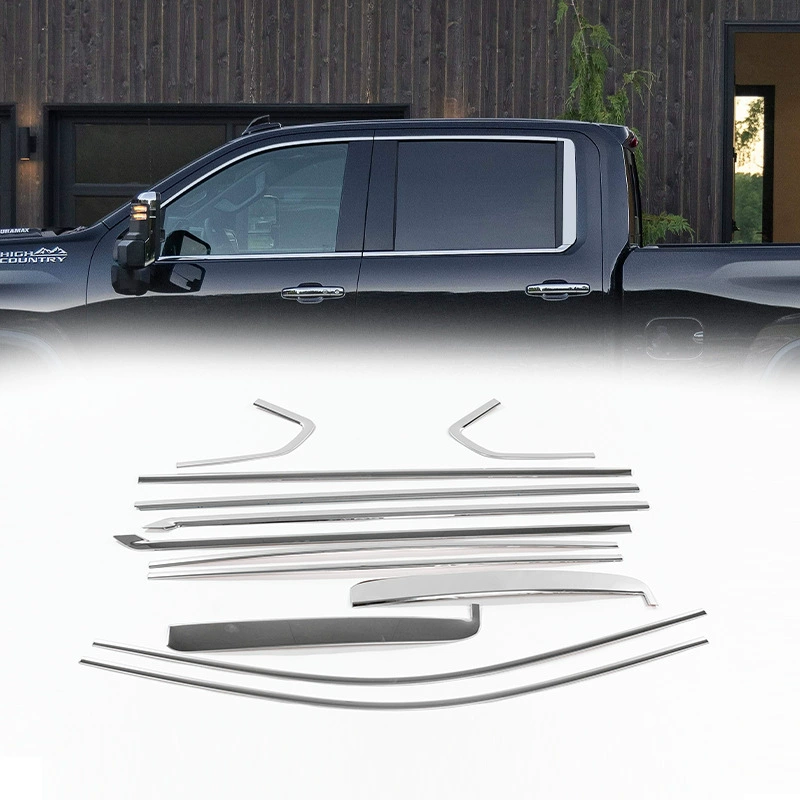 Подходит для моделей Chevrolet Silverado 1500 2019-2025 годов, модификация оконных накладок HD2500/3500, декоративная отделка черным хромом.