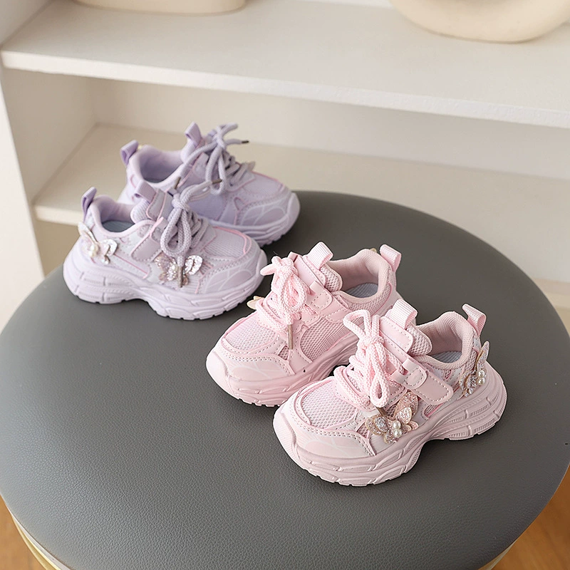 Кроссовки для девочек с сетчатыми цветами весной и осенью 2025 новая обувь для папы на толстой подошве детская дышащая легкая повседневная обувь