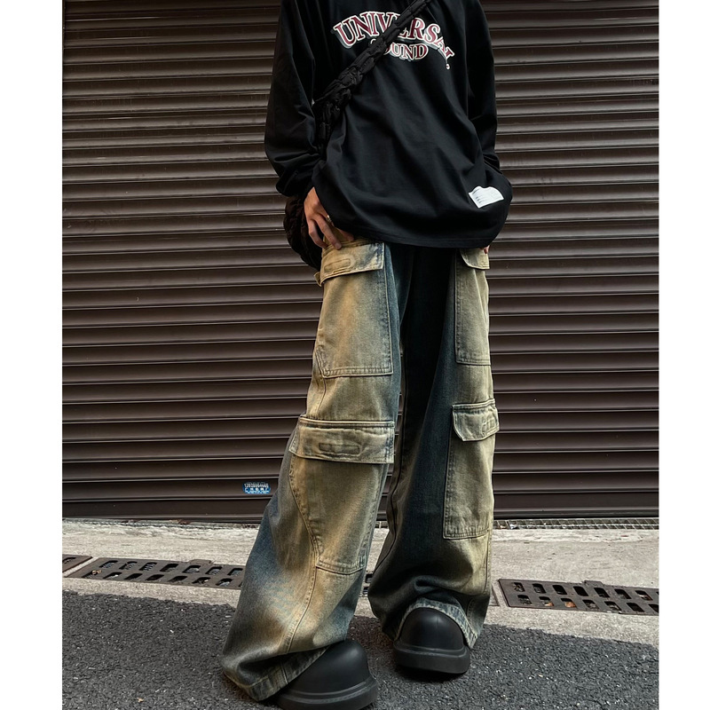 Gradient Contrast Velcro Large Pocket Crock Jeans Men's Wide Leg Floor Trousers Retro Blue in stock Single Cotton