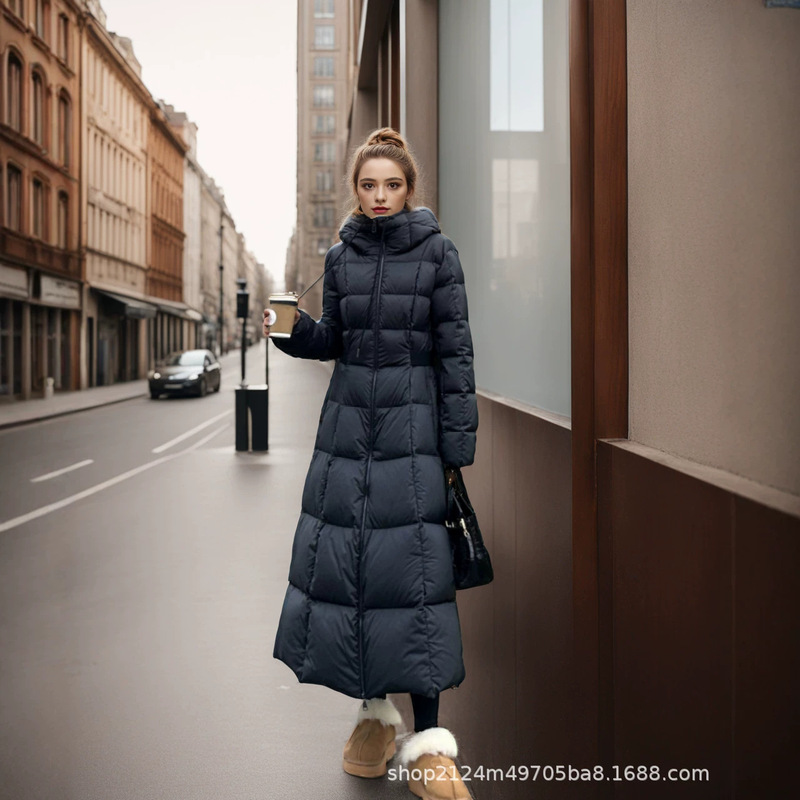 New cross-border M-brand down jacket, "Runaway Princess" style, extra-long women's model, waist-cinched, over-the-knee, Faucon, thickened and warm for winter