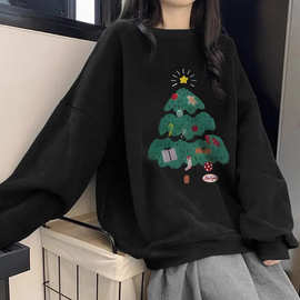 设计感圣诞节卫衣女秋冬季新款加绒加厚宽松慵懒风套头上衣小个子
