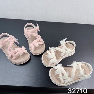 Sweet Stylish Tulle Bow Decorative Girls Princess Style One Word Sandals 2025 Summer Fashion Beach Shoes