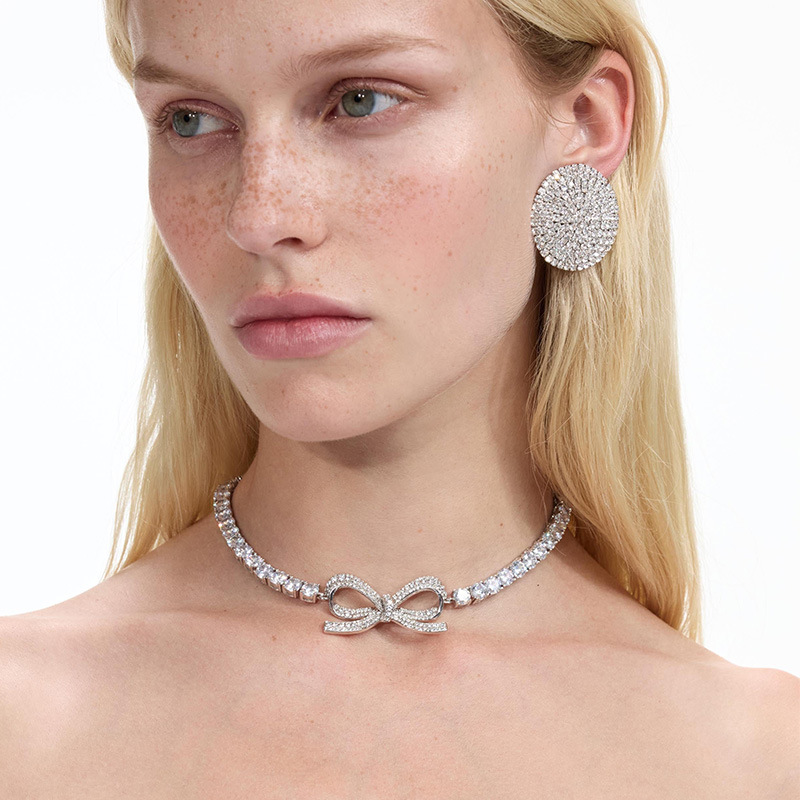 Nuevo conjunto de joyería de arco transfronterizo, collar de diamante, pernos redondos, accesorios simples, conjunto de joyería femenina