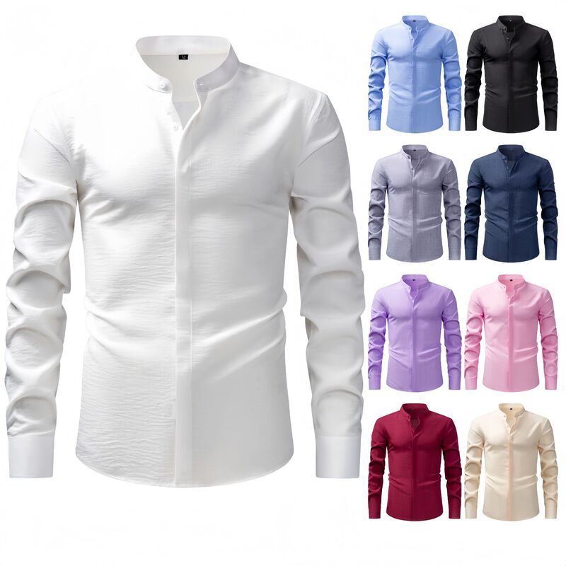 Cross-Border Hot-Selling Men's Long-Sleeve Shirt, Faux Linen, Stand Collar, Solid Color, Casual Retro, High-End Feel, Men's Linen Shirt Cross-Border Hot-Selling Men's Long-Sleeve Shirt, Faux Linen, Stand Collar, Solid Color, Casual Retro, High-End Feel, Men's Linen Shirt