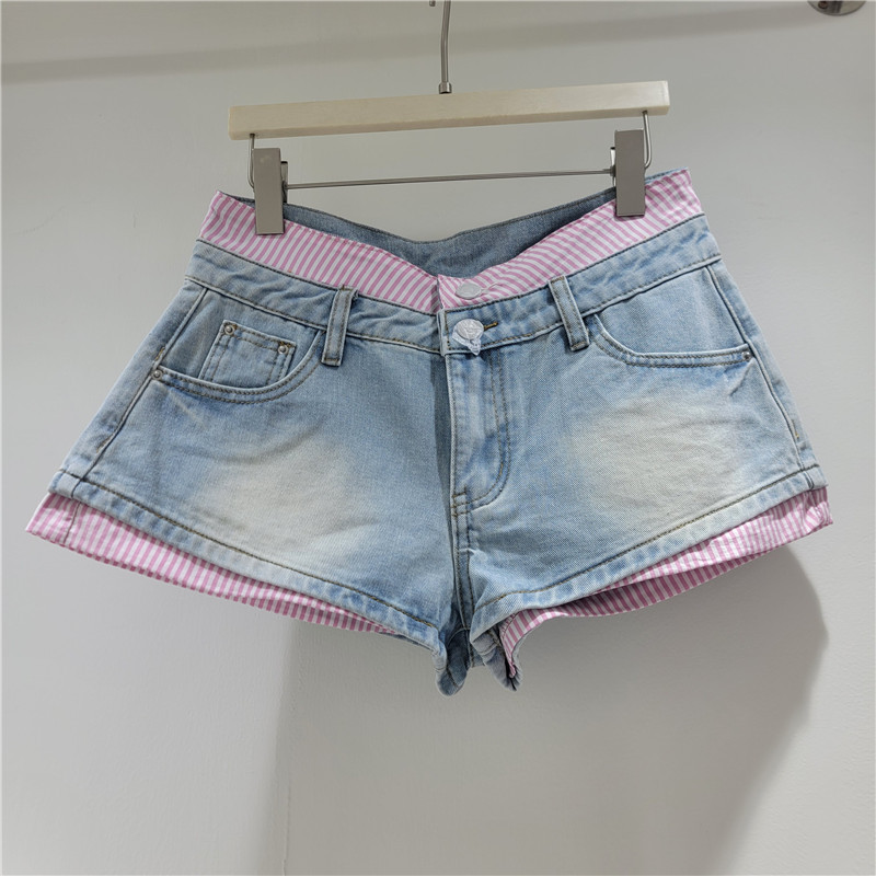 Pantalones Cortos de Mezclilla para Mujer de Mezclilla, Diseño Empalmado, Bolsillos