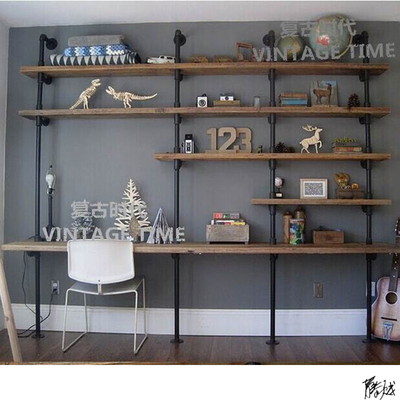 loft Solid Wood Desk Bookshelf One-word Long Office Desk Writing Desk Home Retro Integrated American Corner Water Pipe
