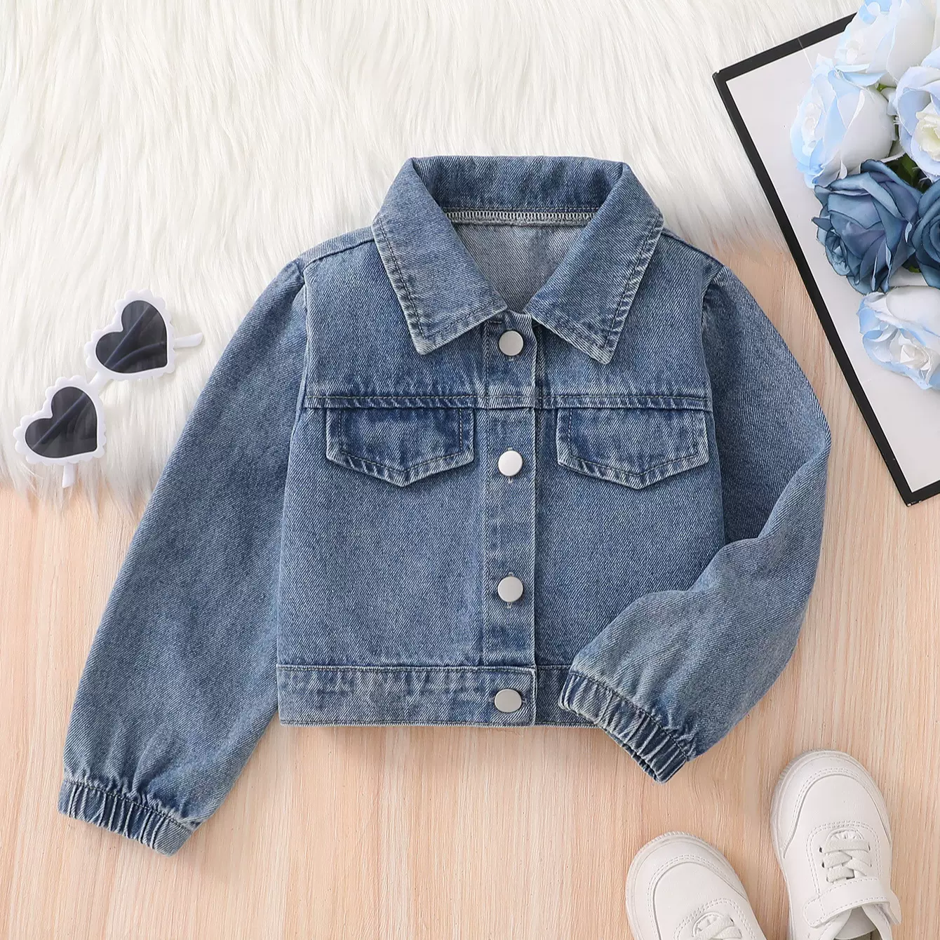 跨境爆款女小童牛仔夹克雪花工艺开衫翻领短款复古欧美外套棉
