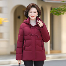 2024新款中年妈妈羽绒棉服冬装50岁女装加绒加厚连帽棉衣外套批发