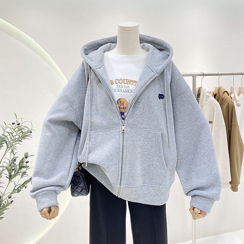 加绒加厚连帽卫衣女秋冬简约百搭宽松休闲oversize拉链开衫外套潮|undefined