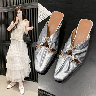 Fairy Style Casual French Soft Leather Niche Triangle Buckle Hollow Sandals for Women Square Toe Low Heel Lazy Toe Shoes for Women