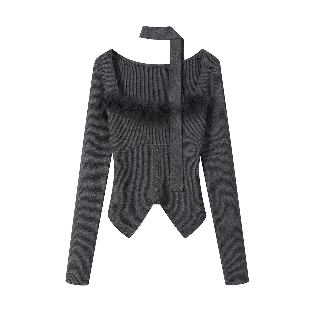 純欲の毛のつなぎ合わせの方襟のニットの女性の秋の新型の修身の小さい大衆のギャルの中でショートタイプの底の上着を掛けます。