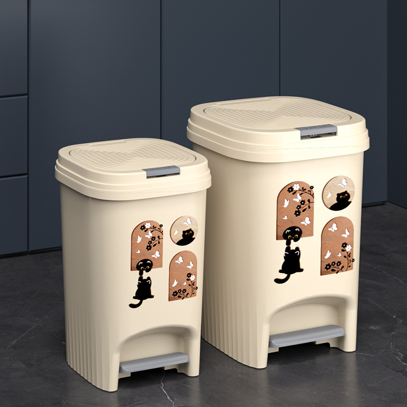 Cream Style Pedal Trash Can for Home Large Capacity with Lid Deodorant Kitchen Living Room Bedroom Cute Cat Pattern