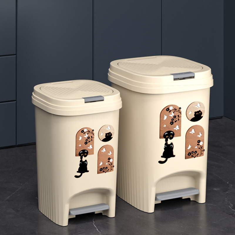 Cream Style Pedal Trash Can for Home Large Capacity with Lid Deodorant Kitchen Living Room Bedroom Cute Cat Pattern