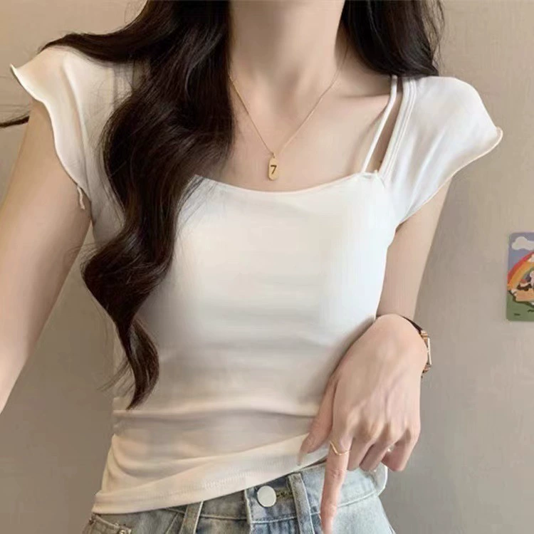 Майка из модального хлопка с квадратным вырезом и небольшими рукавами-крылышками для женщин, с подкладками для груди, универсальная, нишевая, облегающая, простая верхняя одежда.