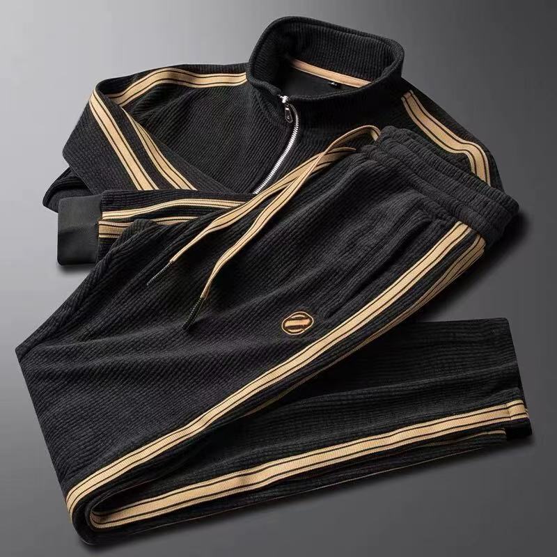 Autumn and Winter New Fashion Men's Embroidered Loose Jacket with Drawstring Casual Straight Pants Two-Piece Set