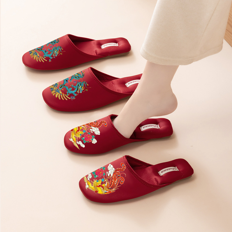 Couple's Wedding Slippers in Festive Burgundy, High-End Satin, Luxurious and Stylish, Bride's Wedding Slippers, Dressing Gown Shoes