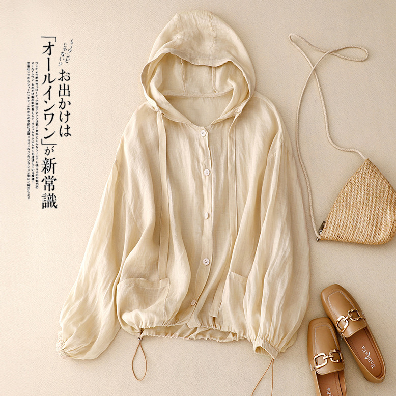 Cotton and Linen Cardigan Sun Protection Clothing 2026 Summer New Style Linen Thin Coat Top Artistic Cotton and Linen Hooded Air Conditioning Shirt for Women